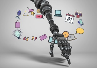 Android hand pointing with business graphic drawings