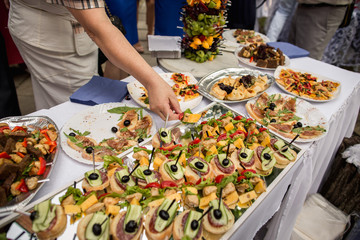 Street food, canape on table, catering service