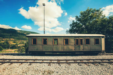Retro wooden railway carriage at station of Serbia.