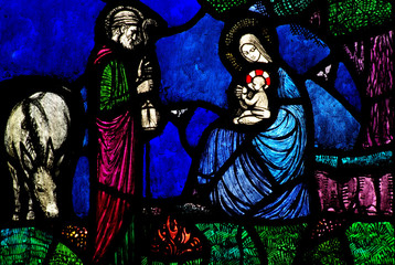 Jesus (baby), Mary and Joseph in stained glass