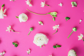 Fototapeta premium Floral pattern of white ranunculus, snapdragon and leaves on pink background. Flat lay, top view. Summer background.