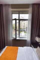window view in interior of a hotel bedroom