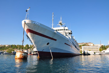 Fototapeta premium Medical white ship with a red cross in port