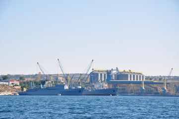ships in port on the background harbor cranes. Ukraine