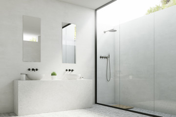 Fototapeta na wymiar Two bathroom sinks with mirrors, side