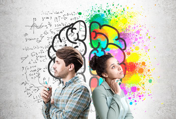 Man and woman with large brain sketch