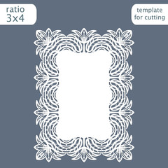 Laser cut wedding invitation card template with openwork border.  Cut out the paper card with lace pattern.  Greeting card template for cutting plotter. Vector.