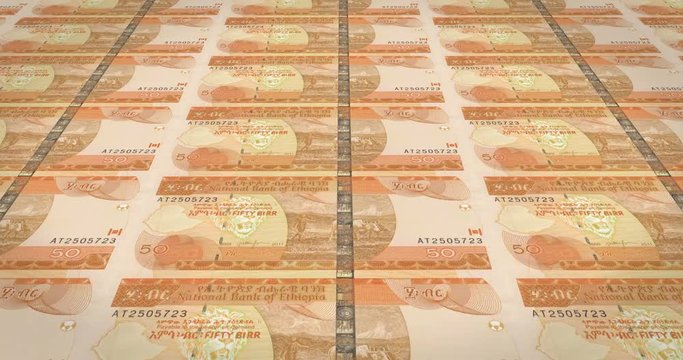 Banknotes of fifty Ethiopian birr of Ethiopia rolling, cash money, loop