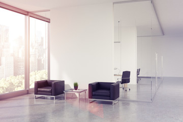 Glass office waiting area, toned