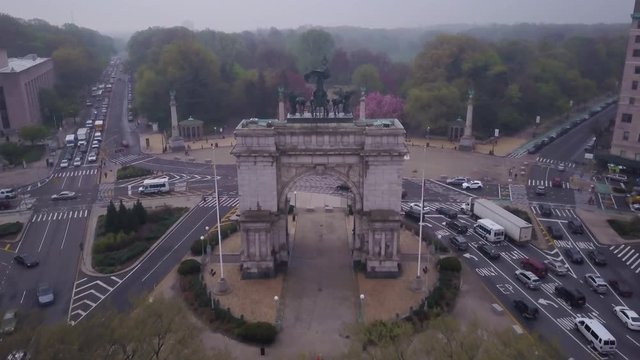 flying over arch in Grand Army Plaza towards Prospect Park Brooklyn