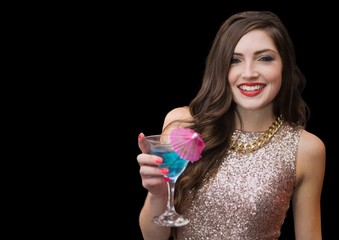Woman with cocktail against black background