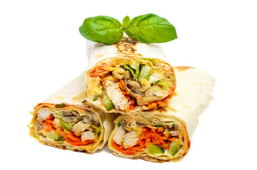 Traditional Middle Eastern food - shawarma. Lavash stuffed with chicken, vegetables, mushrooms and sauce. Isolated on white background.