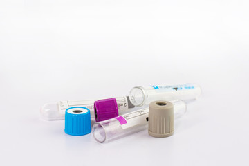 Blood sample test and empty tube blood for blood test screening with blank label for your text in laboratory isolate on white background.
