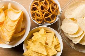 Salty snacks. Pretzels, chips, crackers
