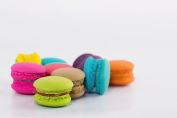 Close-up of Sweet and colorful french macaroons or macaron on white background, Dessert.