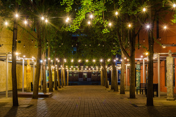 String lights at Century Plaza at night, in downtown Roanoke, Virginia.