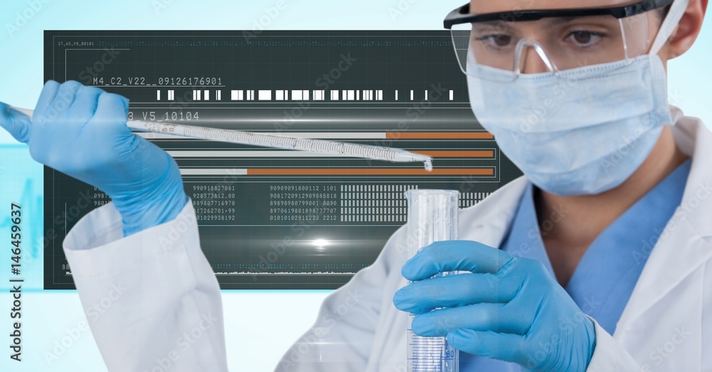 Poster scientist experimenting against interface graphics in background
