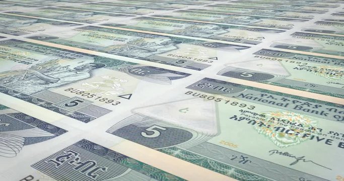 Banknotes of five Ethiopian birr of Ethiopia rolling, cash money, loop