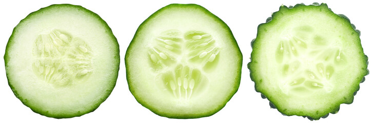 Three kinds of cucumbers, fresh juicy slices cucumber on a white background, isolated