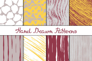 Set chaotic textures in red, yellow, gray and white. Strips, spots, waves. Cards in one style. Hand drawn. Vector illustration.