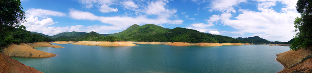 Beautiful Panoramic view of the Shing Mun Reservoir with blue sky