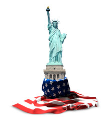 Statue of Liberty USA. American flag banner and USA statue 3d rendering