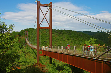 Magnificent suspension bridge leading to the colorful woods
