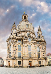 Fototapeta na wymiar Famous landmark of the Dresden city - Frauenkirche Church of Our Lady in the old town, panorama shot