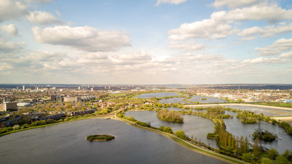 Walthamstow Reservoirs, London. Aerial drone view of the network of reservoirs near Walthamstow in North East London.