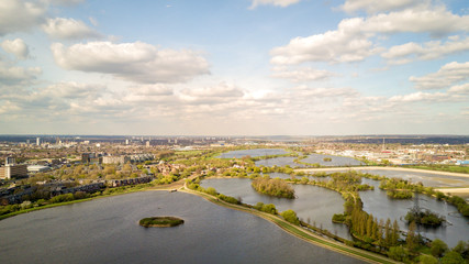 Walthamstow Reservoirs, London. Aerial drone view of the network of reservoirs near Walthamstow in...