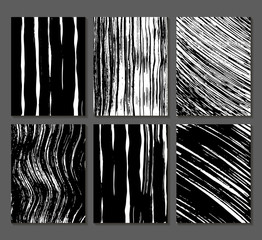 Set of 6 textures. Lines, bands, waves. Abstract shapes drawn in ink. Backgrounds in black and white. Hand drawn. Vector illustration.