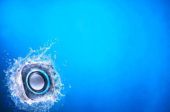 A Speaker Coming Out Of Water, Speaker Jump Out Of Blue Water, Sound Vibrating, Splash, Music In Summer, Pool, Audio Wallpaper, Cool, Cold, Refreshing, Bass, 