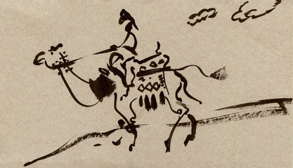 Fototapeta na wymiar Hand drawn desert, camel and men. Painting graphic illustration in arabian style