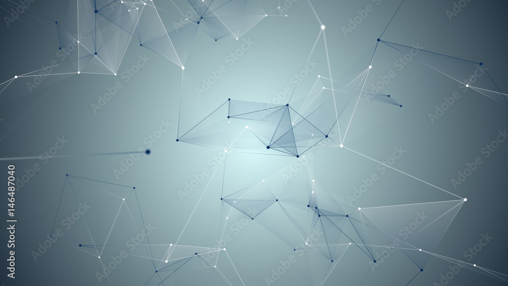 Poster abstract background. triangles, dots and lines are connecting with shine on blur background.