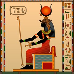 Religion of Ancient Egypt. Hathor is the goddess of love, heaven, beauty and art. Ancient Egyptian goddess Hathor in the guise of a woman on the throne. Vector illustration.

