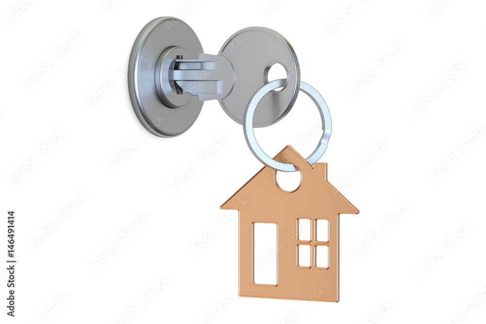 Poster house key with keychain in the lock, 3d rendering