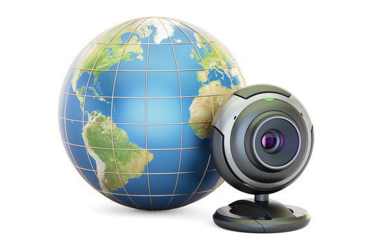 Internet communication concept, Earth globe with webcam. 3D rendering