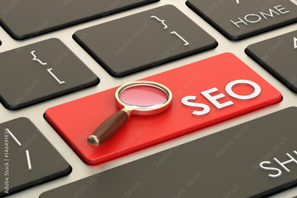 Aufkleber seo keyboard button, 3d rendering