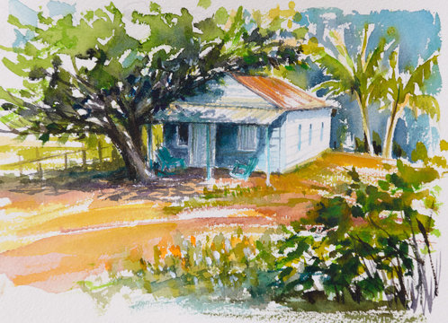 Blue bungalow and tropical garden.Picture created with watercolors