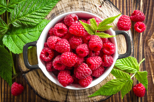 Fresh Raspberry With Leaves