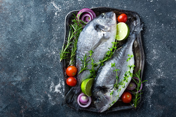 Fresh uncooked Dorado fish or sea bream with ingredients for cooking on dark background, top view