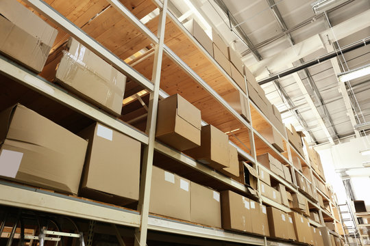 Boxes with goods in wholesale warehouse