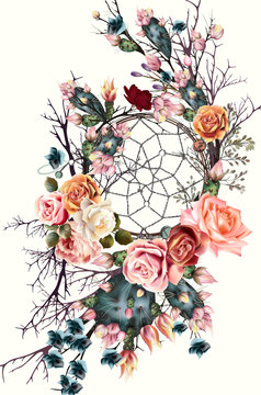 Beautiful boho illustration with dreamcatcher, rose flowers and cactuses for save the date cards or weddig design