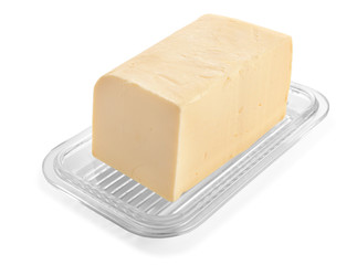 Dish with butter on white background