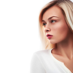 Naklejka premium Beautiful woman smiling face close up studio on white