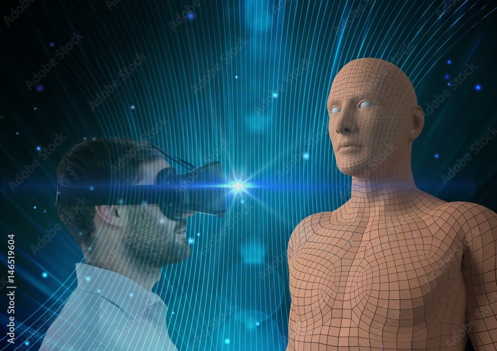 Poster digital composite image of man looking at 3d