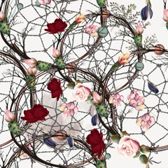 Fototapeta na wymiar Fashion boho pattern with catch dreamer, roses and cactus flowers