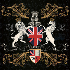 Heraldic English design with lion and horse in vintage style