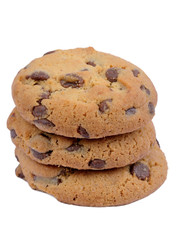 Three chocolate chip cookies on white background