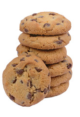 Group of chocolate chip biscuits on white background